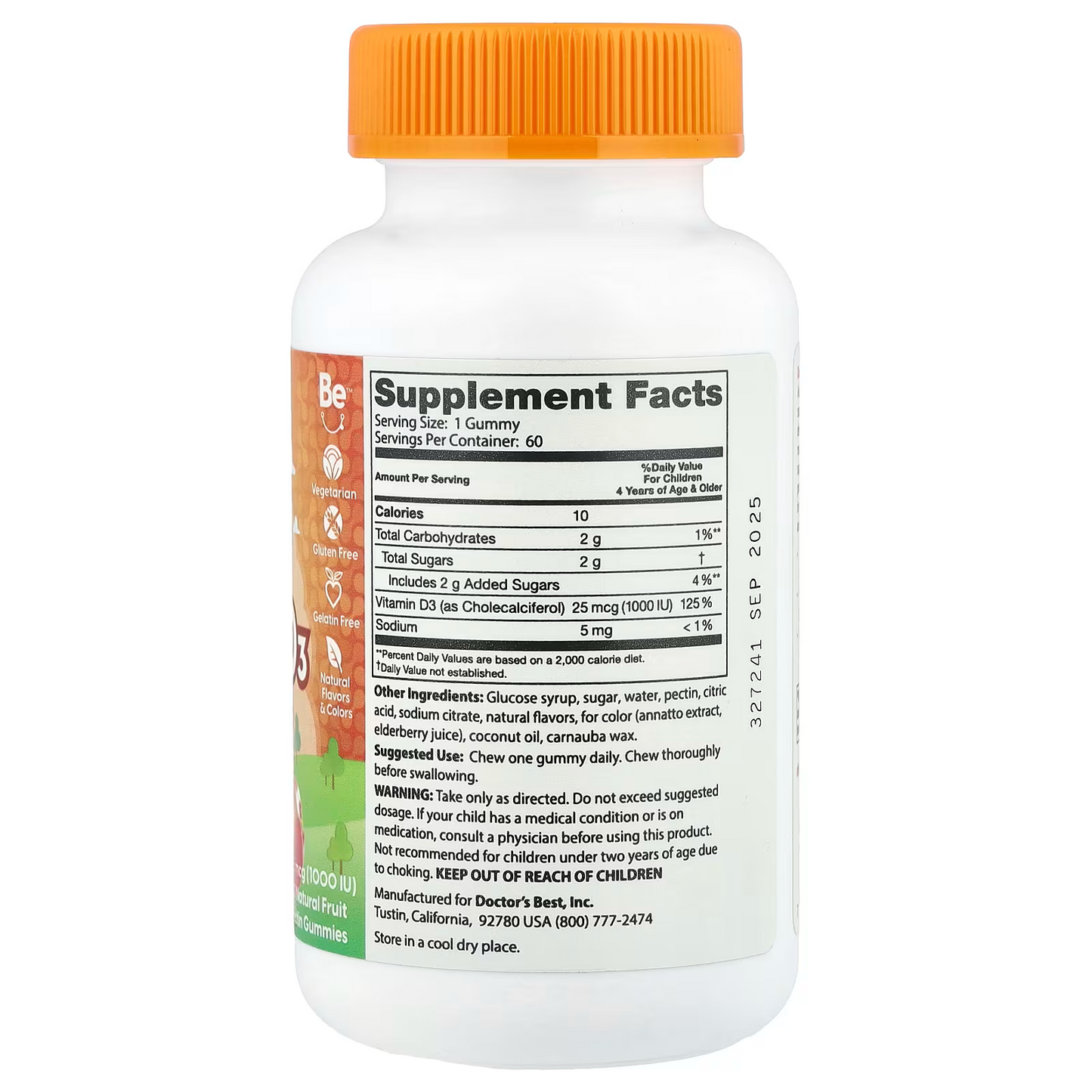 Doc's Kids, Vitamin D3 Kids Gummies, All Natural Fruit , 25 mcg (1,000 IU), 60 Natural Fruit Pectin Gummies